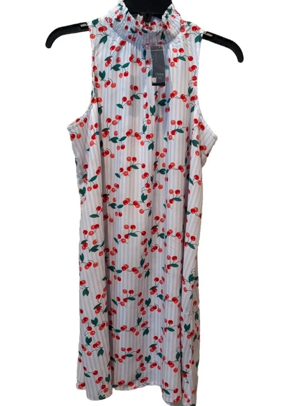 Crown & Ivy Cherry Print Sleeveless Smocked Neck Dress Size Petite Medium NWT